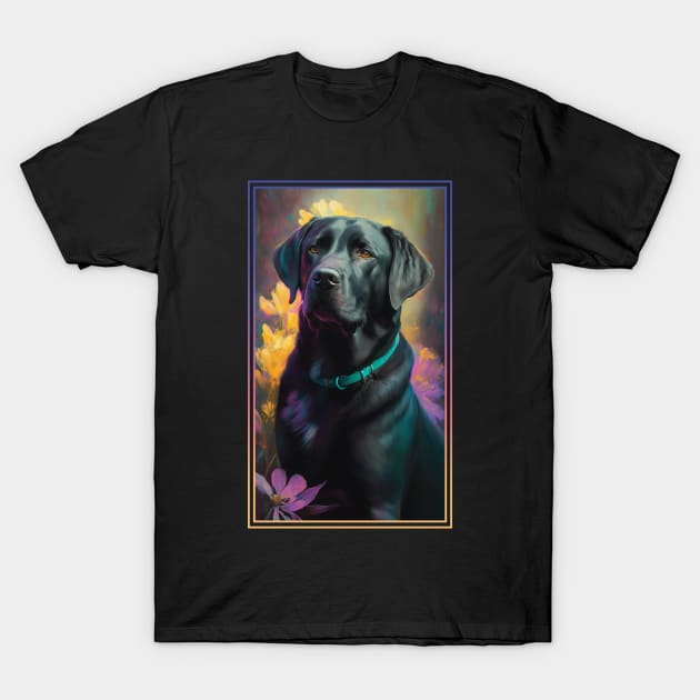 Black Labrador Retriever Dog Vibrant Tropical Flower Tall Digital Oil Painting Portrait 2 T-Shirt by ArtHouseFlunky